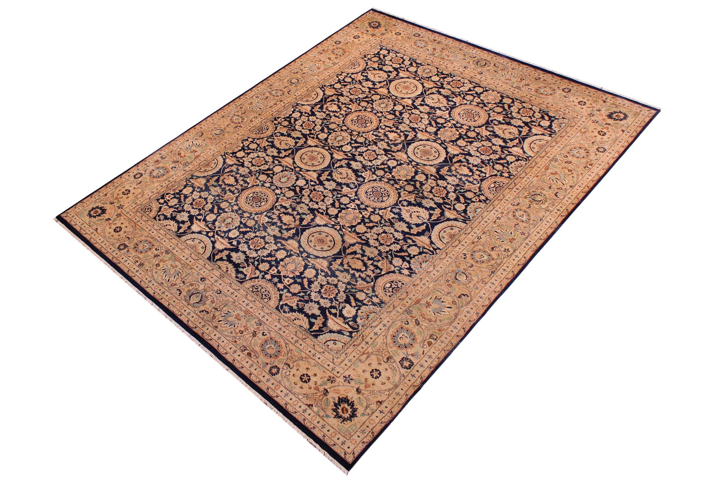 handmade Transitional Agra Tabriz Blue Tan Hand Knotted RECTANGLE 100% WOOL area rug 9x12