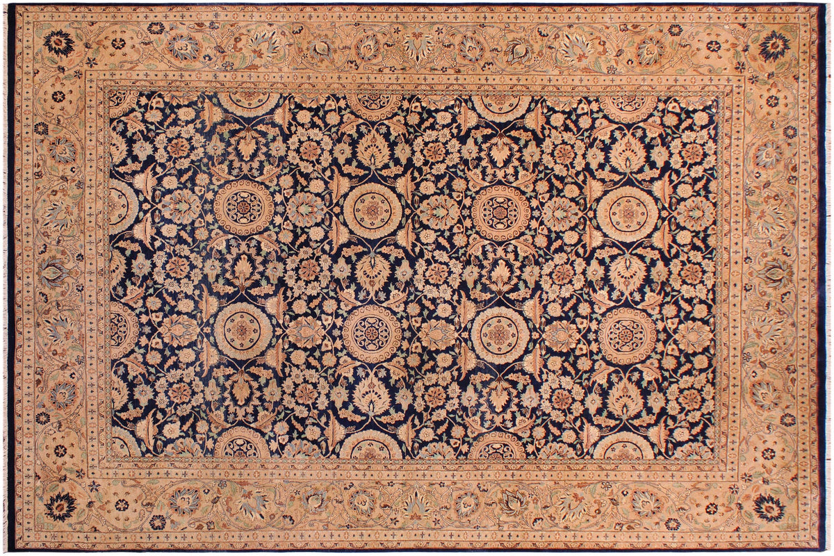 handmade Transitional Agra Tabriz Blue Tan Hand Knotted RECTANGLE 100% WOOL area rug 9x12