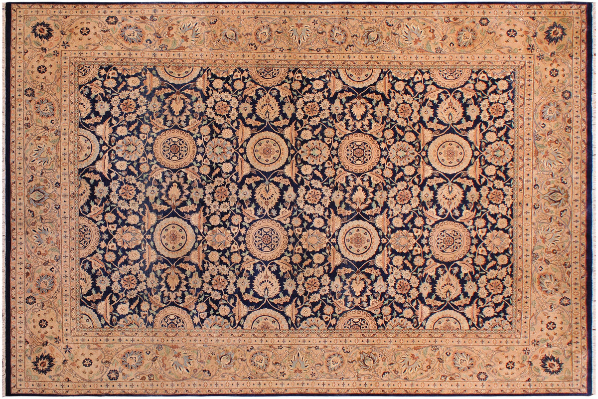 handmade Transitional Agra Tabriz Blue Tan Hand Knotted RECTANGLE 100% WOOL area rug 9 x 12