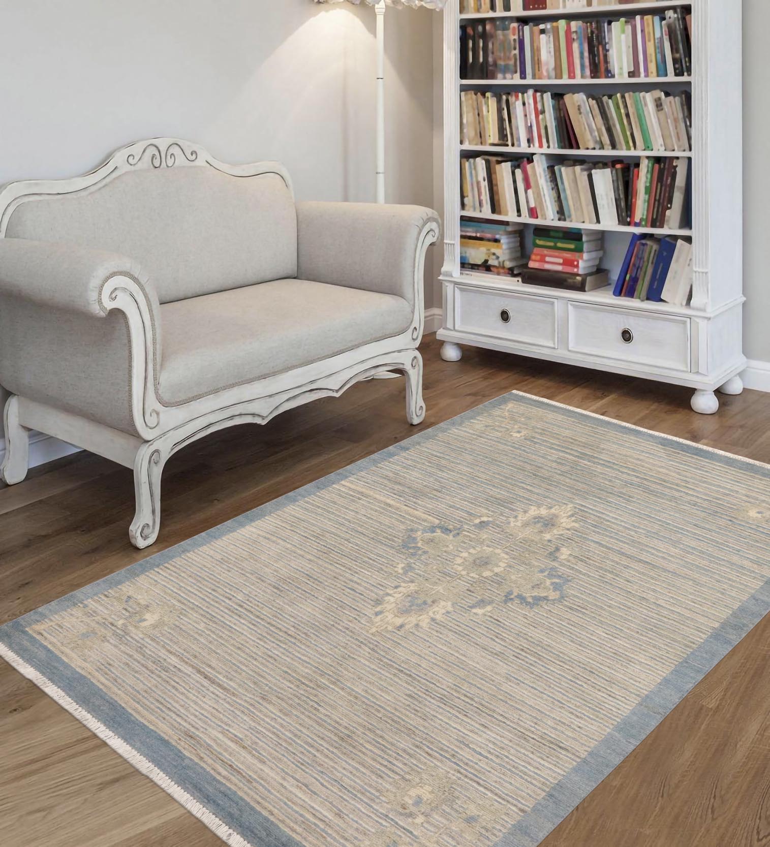 handmade Modern Kafkaz Blue Beige Hand Knotted RECTANGLE 100% WOOL area rug 3' x 5'