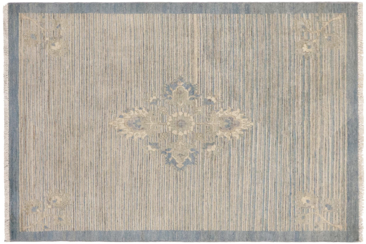 handmade Modern Kafkaz Blue Beige Hand Knotted RECTANGLE 100% WOOL area rug 3' x 5'