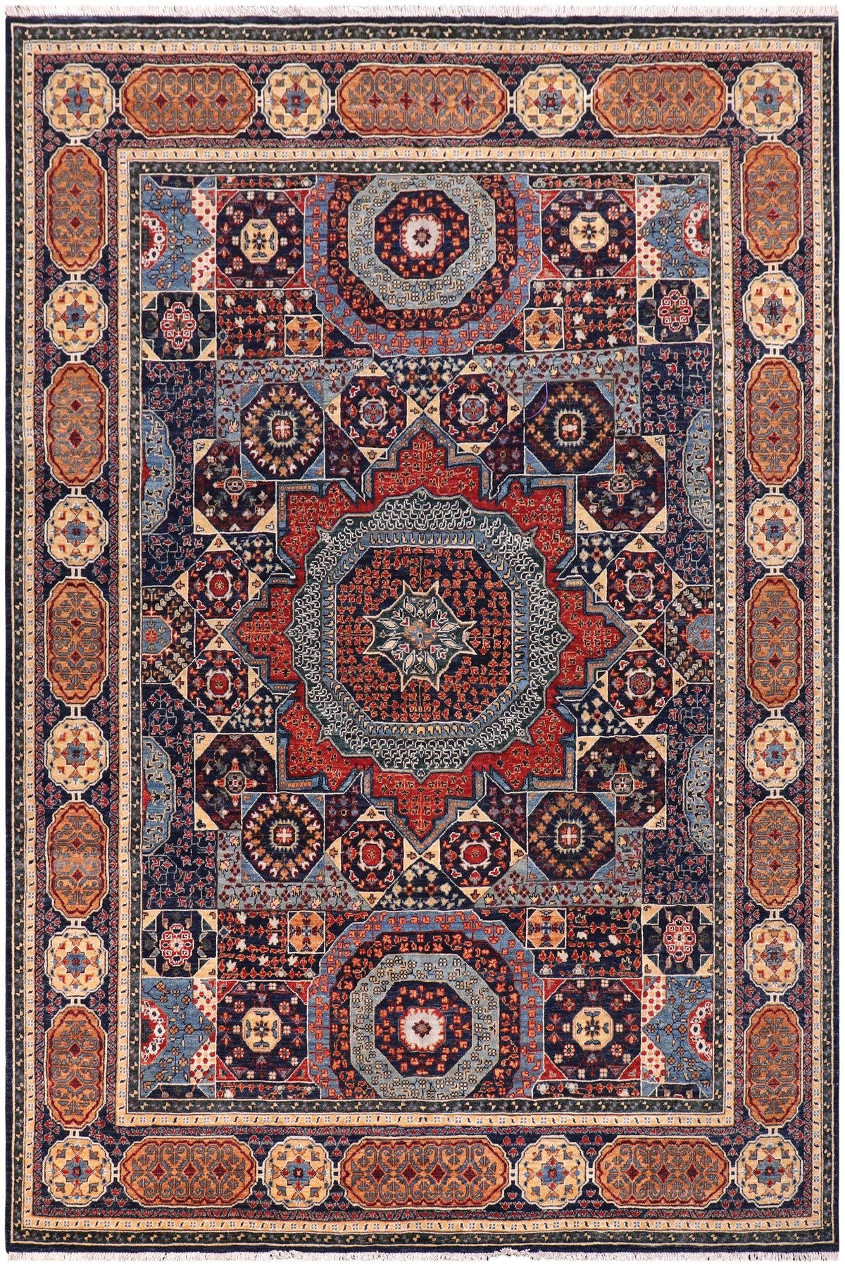 handmade Geometric Mamluk Blue Rust Hand Knotted RECTANGLE WOOL&SILK area rug 8 x 10