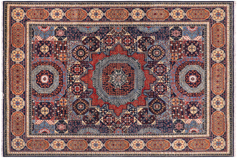 handmade Geometric Mamluk Blue Rust Hand Knotted RECTANGLE WOOL&SILK area rug 8 x 10