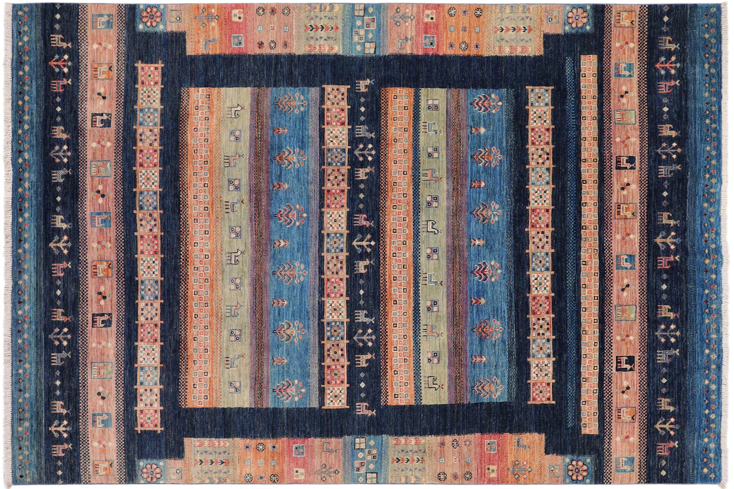 handmade Geometric Kurjean Blue Pink Hand Knotted RECTANGLE 100% WOOL area rug 6x8