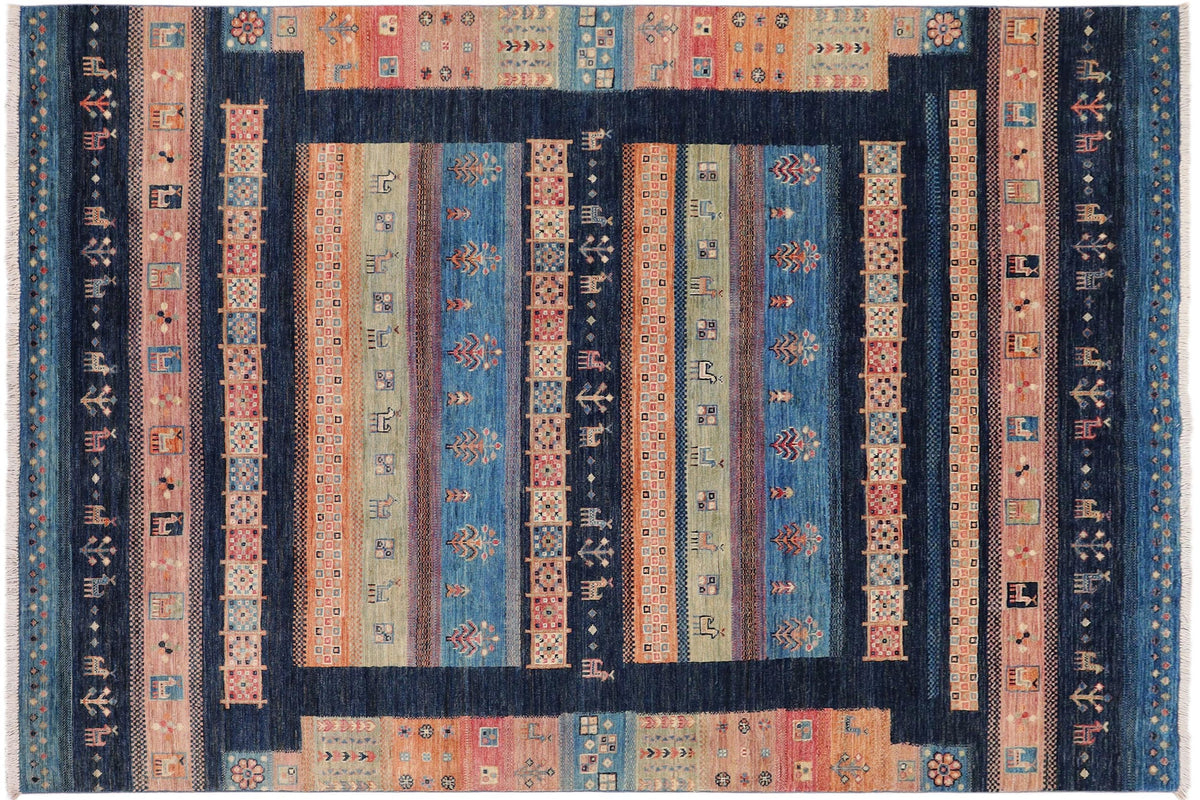 handmade Geometric Kurjean Blue Pink Hand Knotted RECTANGLE 100% WOOL area rug 6x8