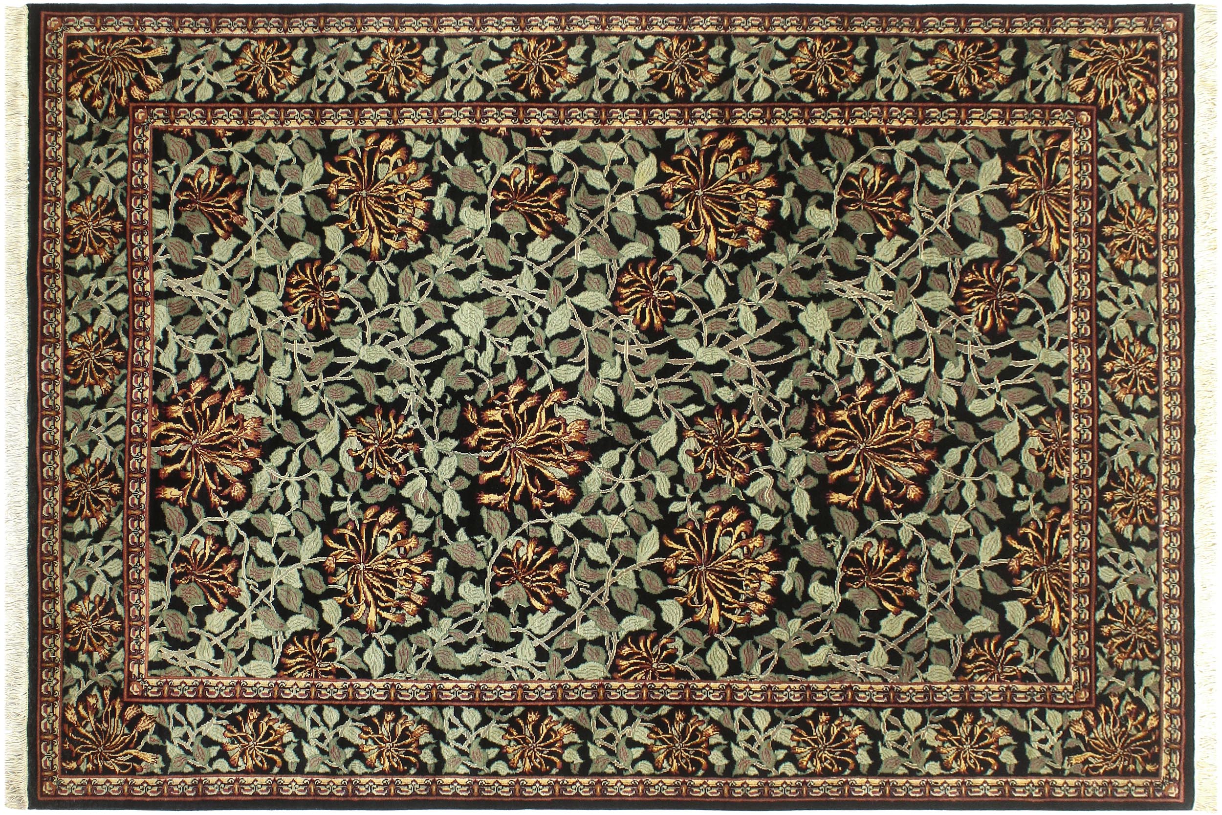 handmade Transitional Honeysuckle Black Green Hand Knotted RECTANGLE 100% WOOL area rug 6' x 9'