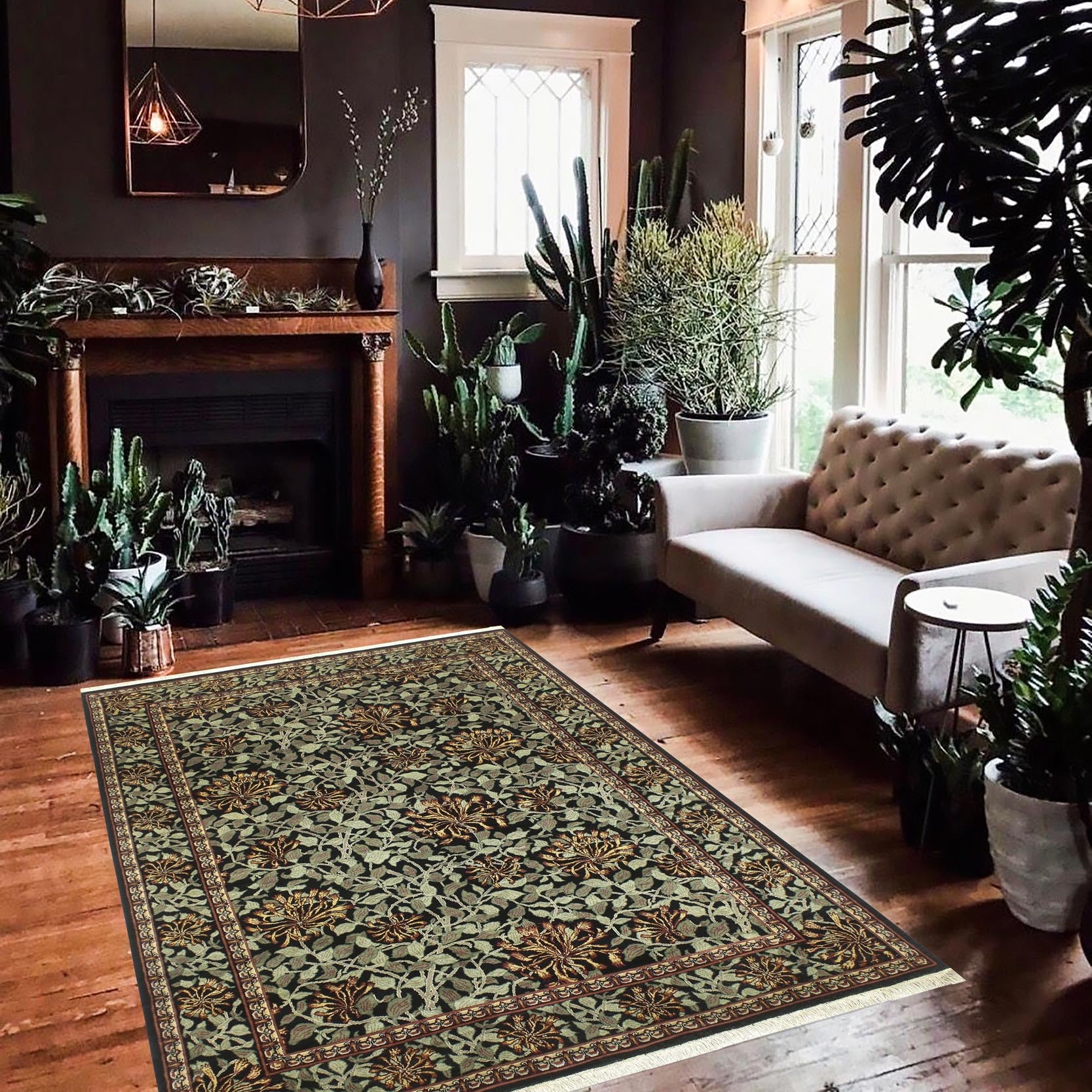 handmade Transitional Honeysuckle Black Green Hand Knotted RECTANGLE 100% WOOL area rug 6' x 9'