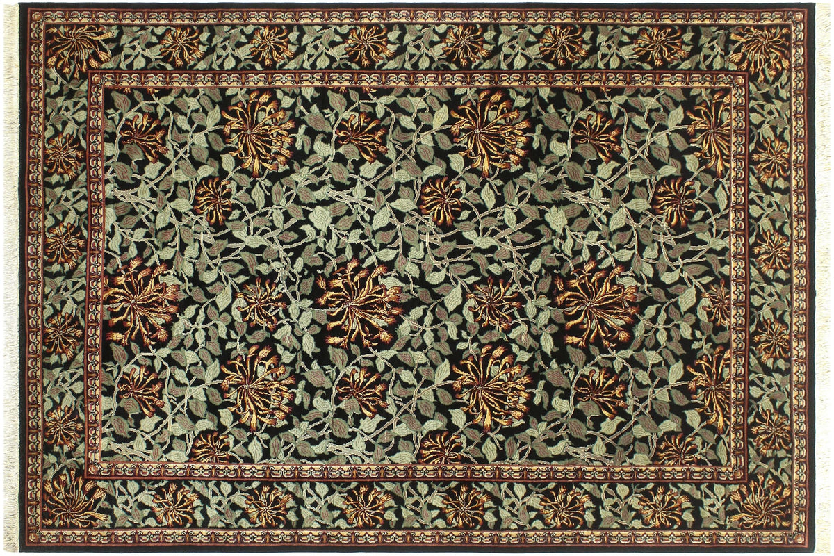 handmade Transitional Honeysuckle Black Green Hand Knotted RECTANGLE 100% WOOL area rug 6x9