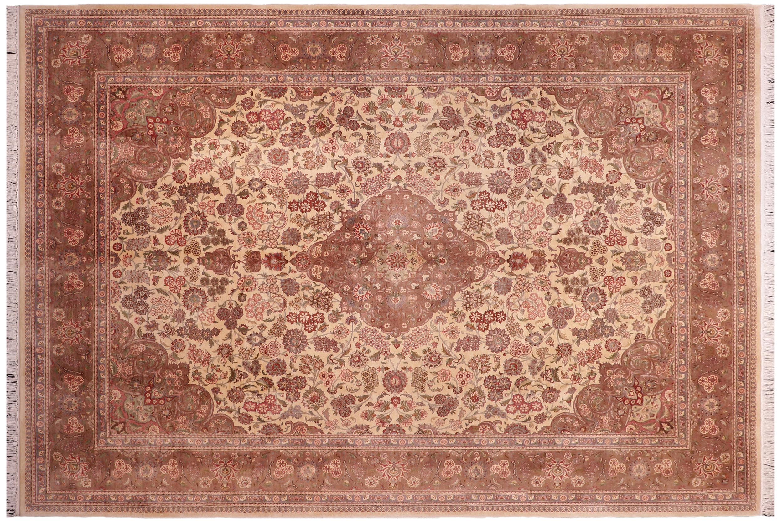 handmade Traditional Kashan Ivory Brown Hand Knotted RECTANGLE 100% WOOL area rug 9x12