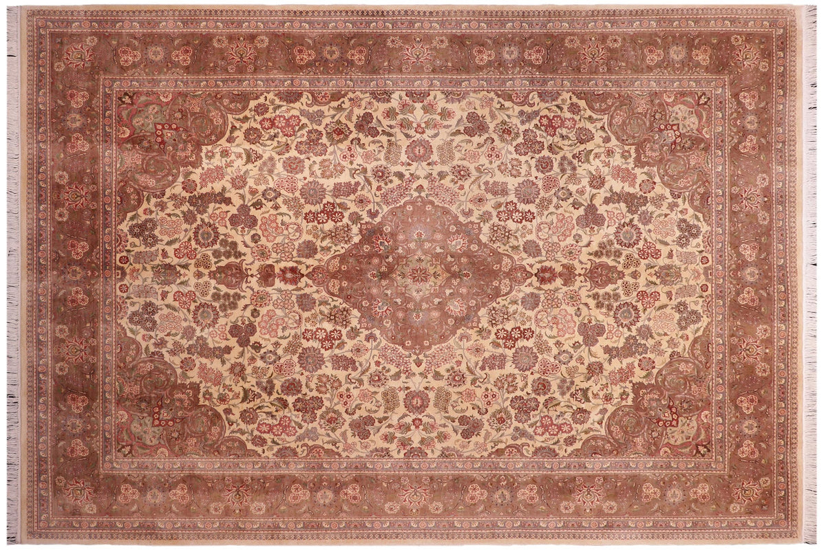 handmade Traditional Kashan Ivory Brown Hand Knotted RECTANGLE 100% WOOL area rug 9x12