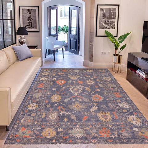 handmade Traditional Oushak Blue Gray Hand Knotted RECTANGLE WOOL&SILK area rug 10' x 14'