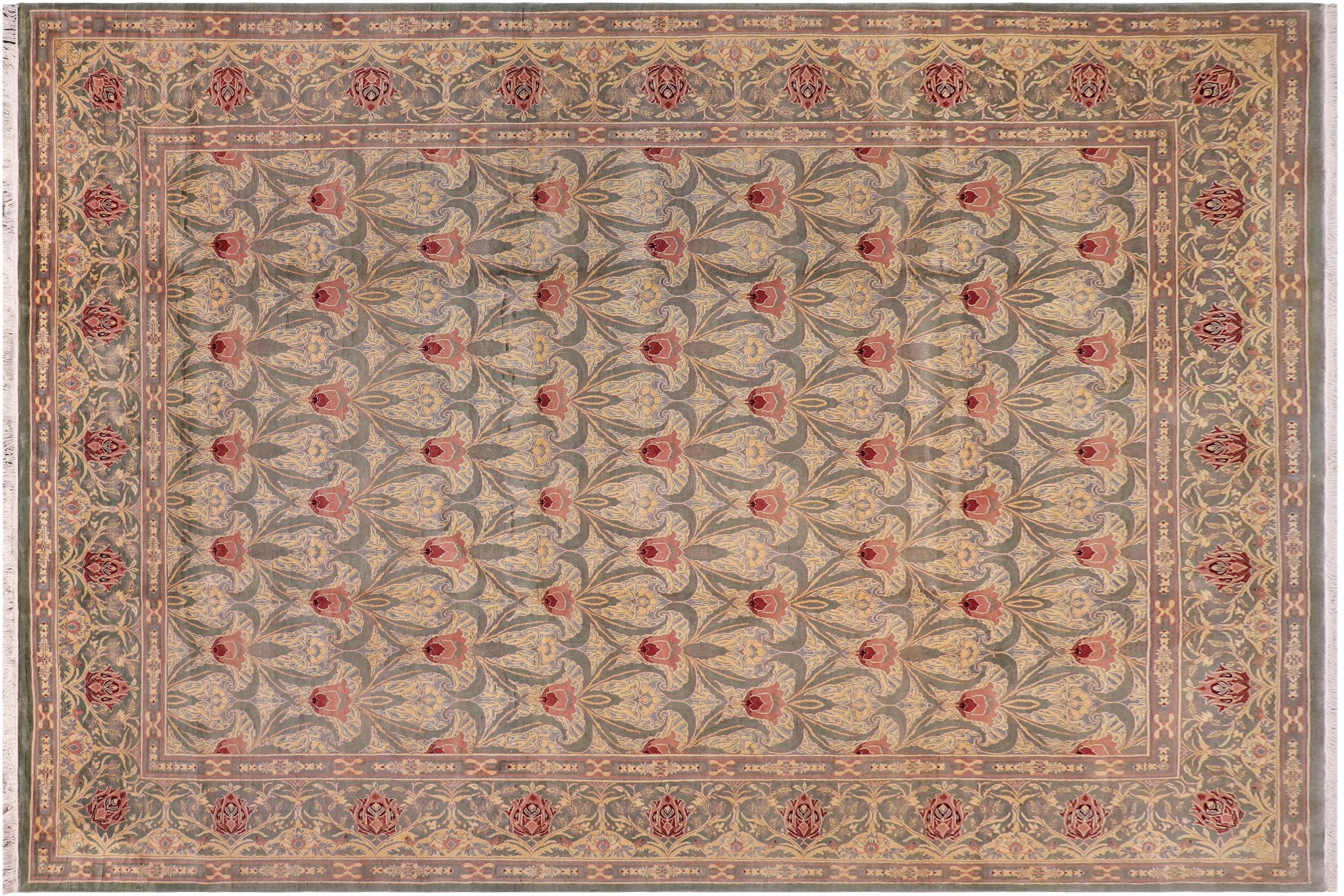 handmade Transitional Tulip Green Red Hand Knotted RECTANGLE 100% WOOL area rug 10' x 14'