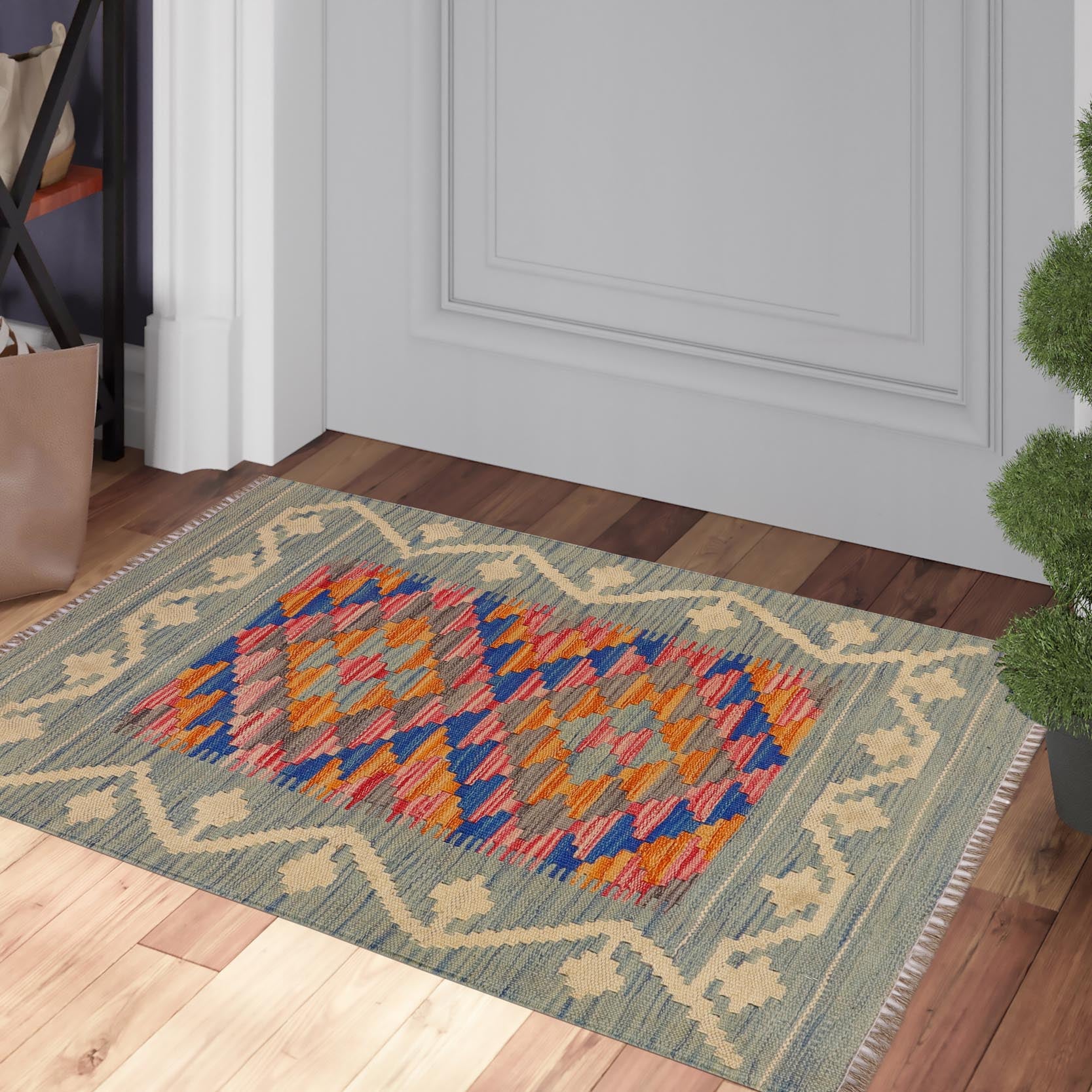 handmade Geometric Kilim Blue Beige Hand-Woven RECTANGLE 100% WOOL area rug 2' x 3'