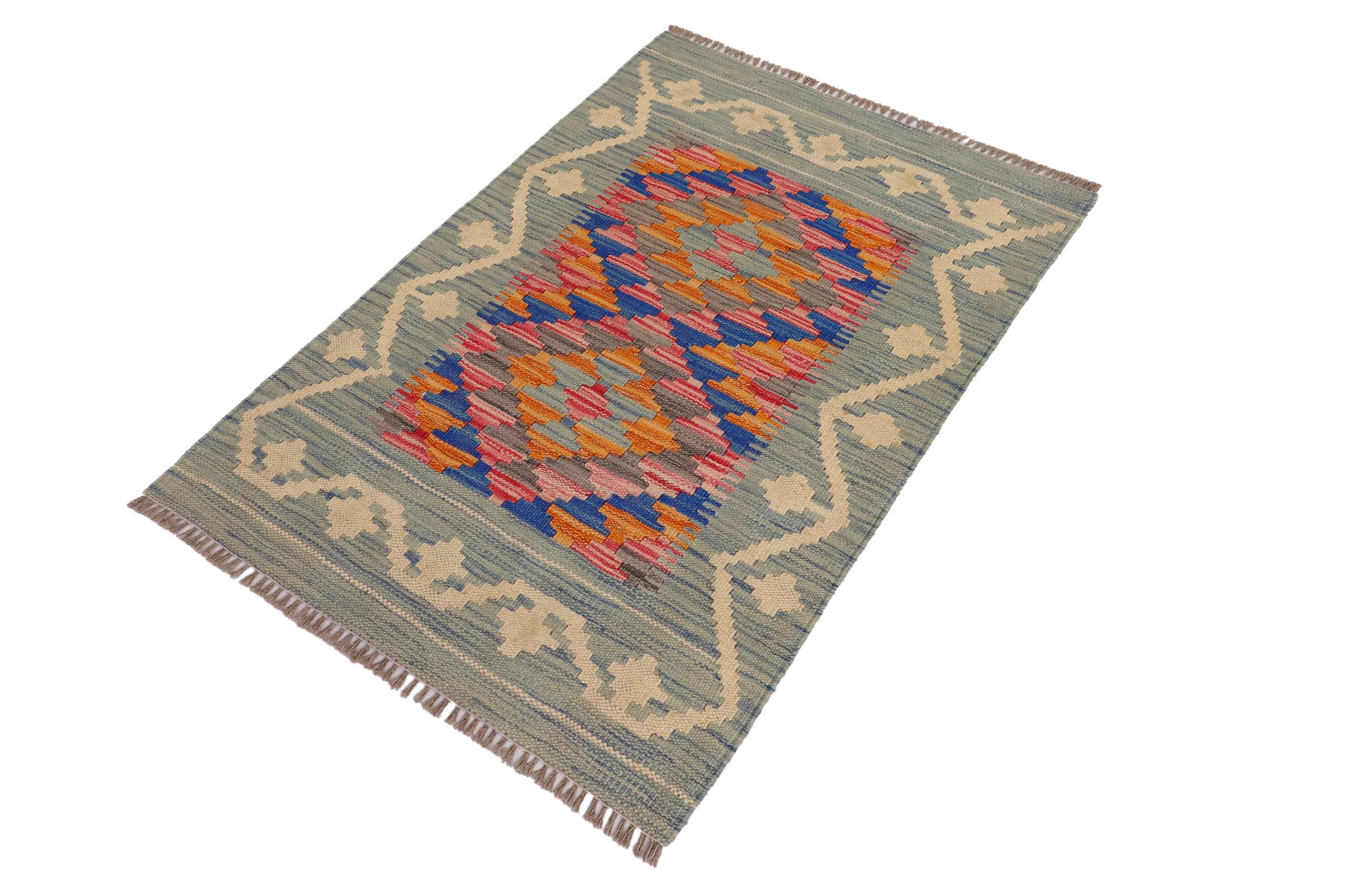 handmade Geometric Kilim Blue Beige Hand-Woven RECTANGLE 100% WOOL area rug 2' x 3'