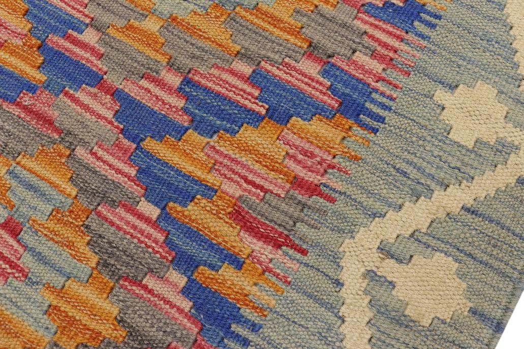 Flat Weave Kilim Antique Navaho Vintage handmade Geometric Kilim Blue Beige Hand-Woven Rectangle 100% Wool Area Rug 2x3 