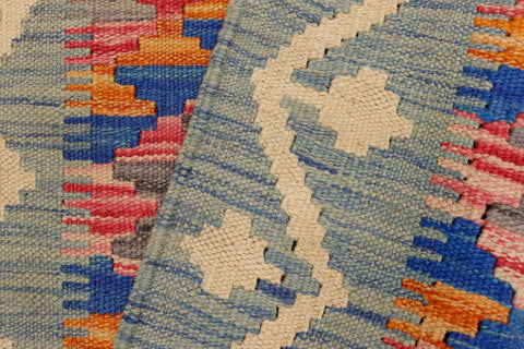 handmade Geometric Kilim Blue Beige Hand-Woven RECTANGLE 100% WOOL area rug 2' x 3'