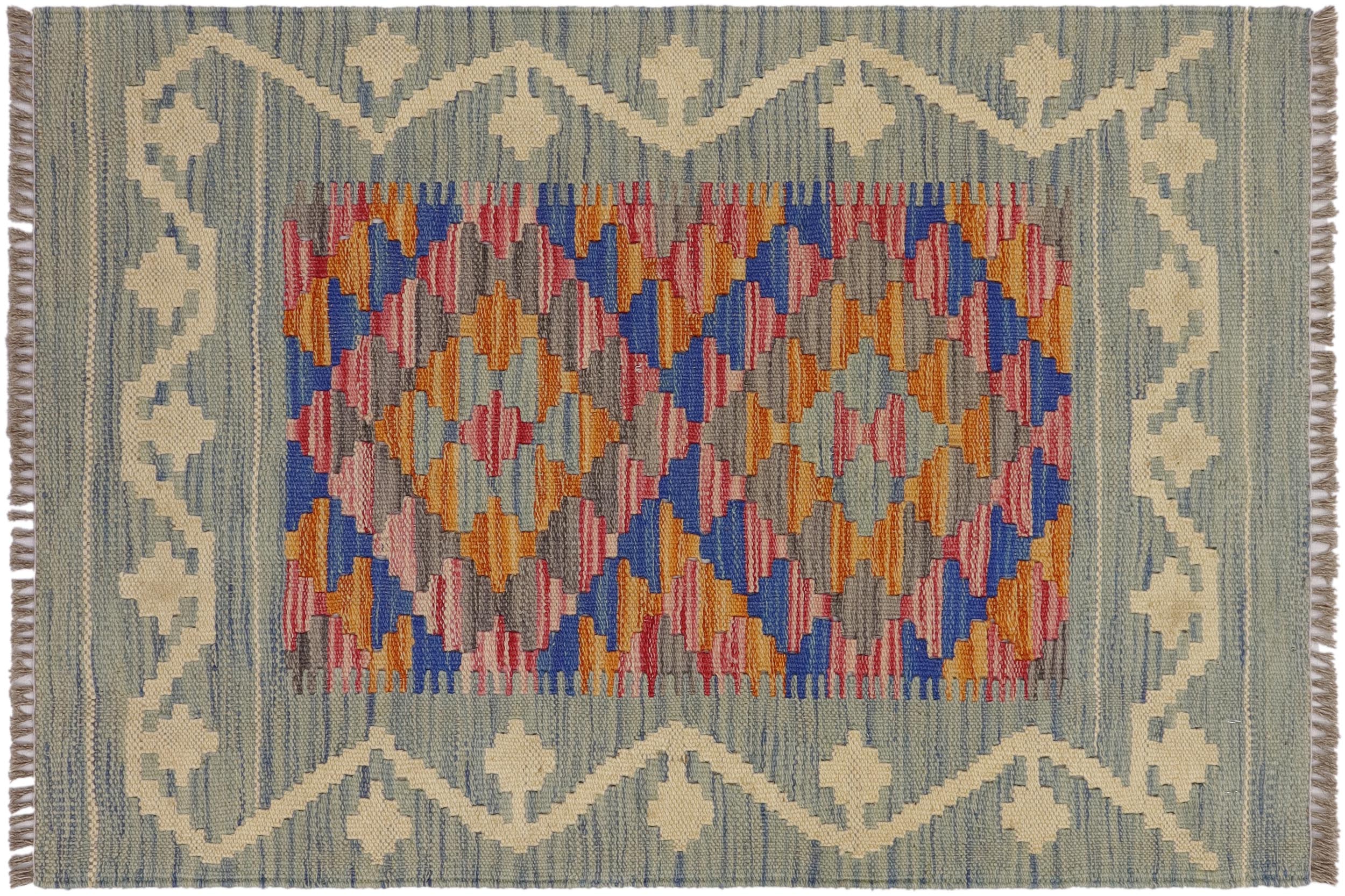 handmade Geometric Kilim Blue Beige Hand-Woven RECTANGLE 100% WOOL area rug 2' x 3'
