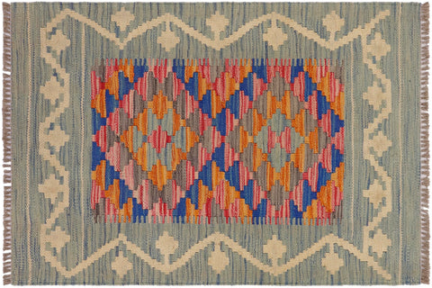 handmade Geometric Kilim Blue Beige Hand-Woven RECTANGLE 100% WOOL area rug 2' x 3'
