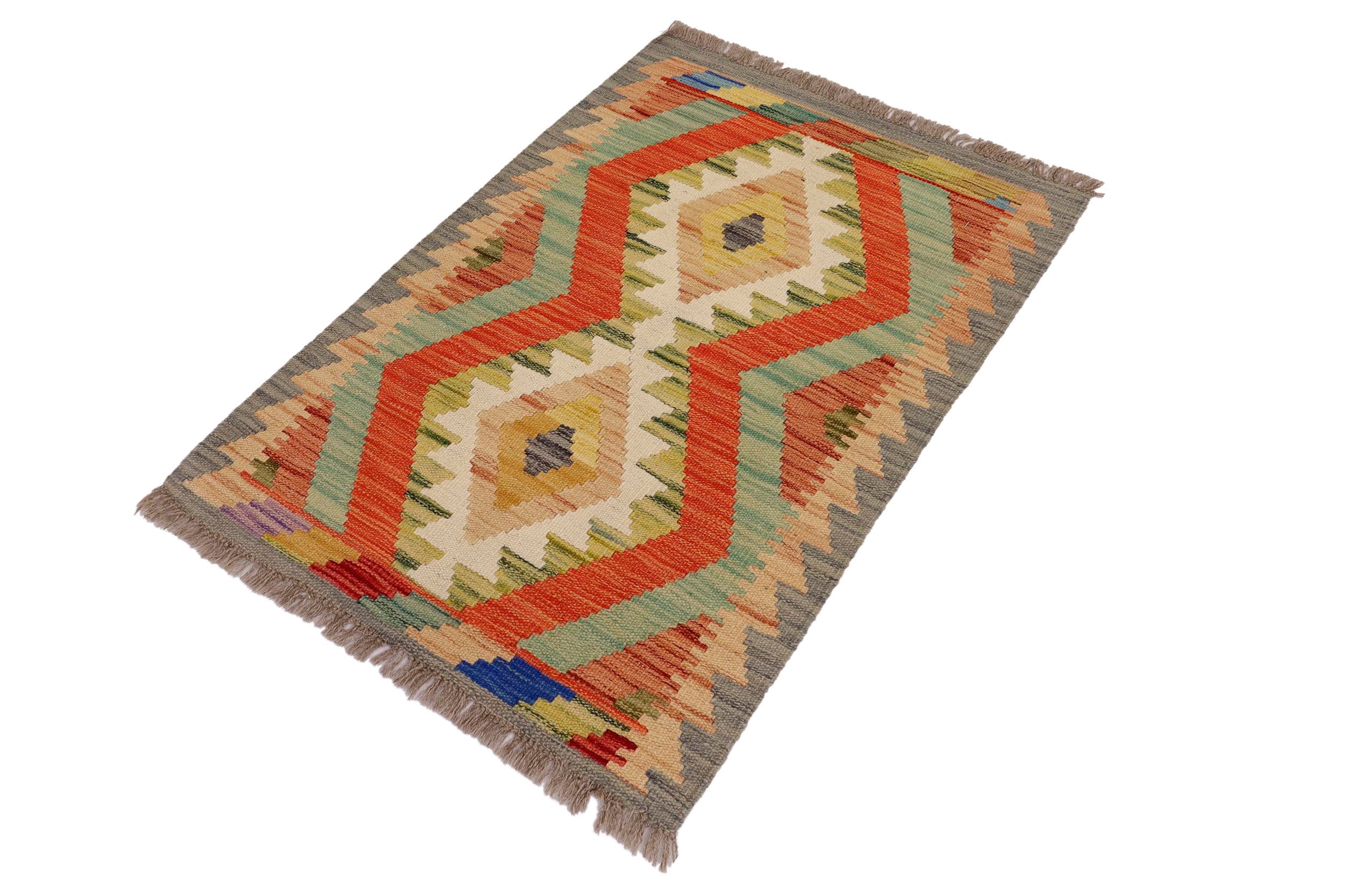 handmade Geometric Kilim Gray Beige Hand-Woven RECTANGLE 100% WOOL area rug 2' x 3'