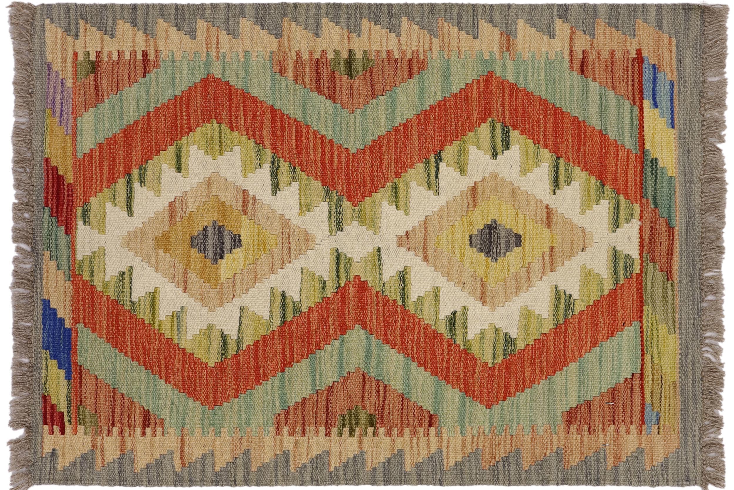 handmade Geometric Kilim Gray Beige Hand-Woven RECTANGLE 100% WOOL area rug 2' x 3'