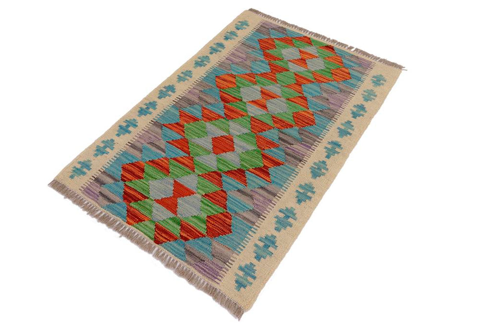 Flat Weave Kilim Antique Navaho Vintage handmade Geometric Kilim Beige Blue Hand-Woven Rectangle 100% Wool Area Rug 2x3 