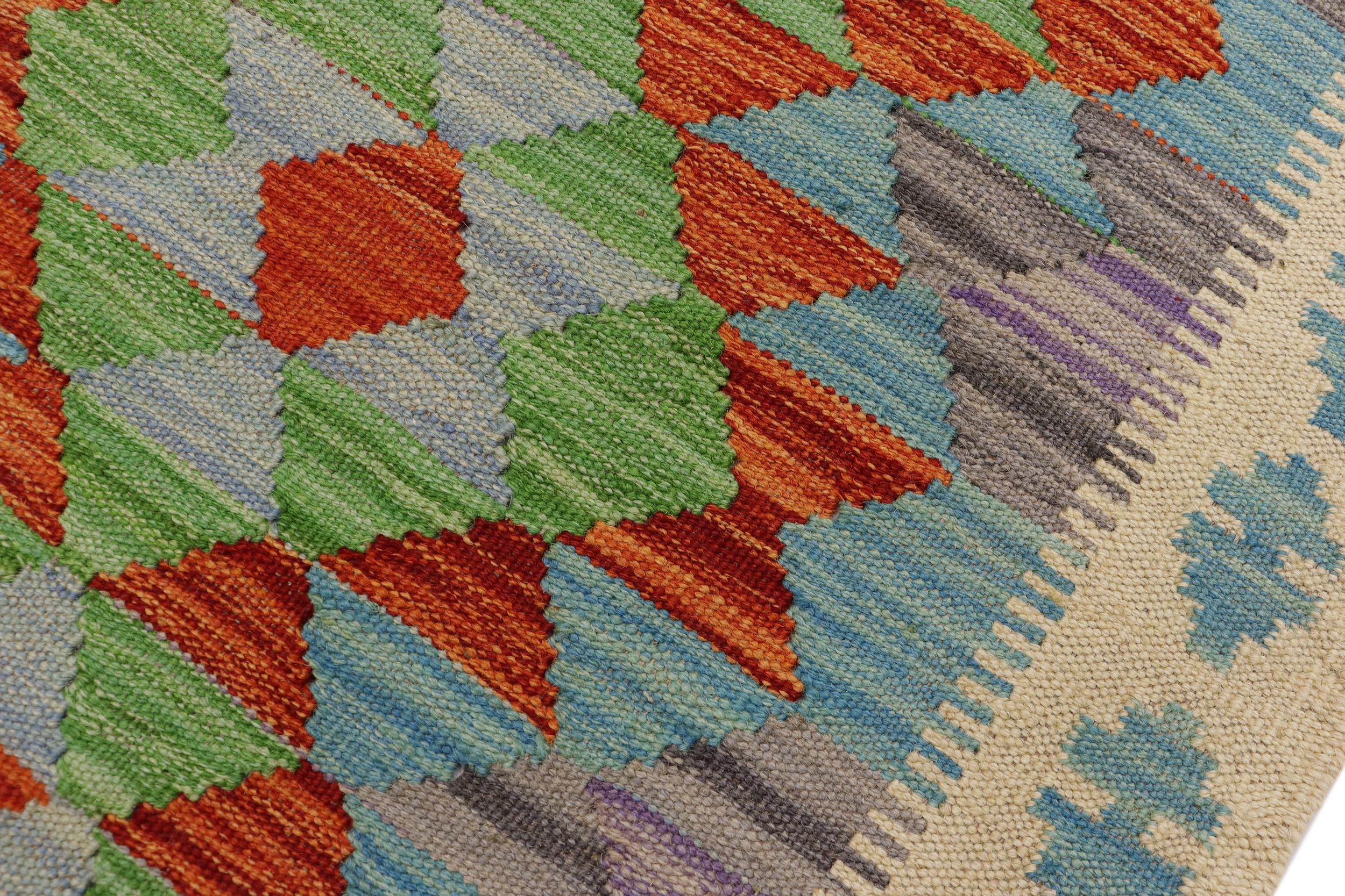 handmade Geometric Kilim Beige Blue Hand-Woven RECTANGLE 100% WOOL area rug 2' x 3'