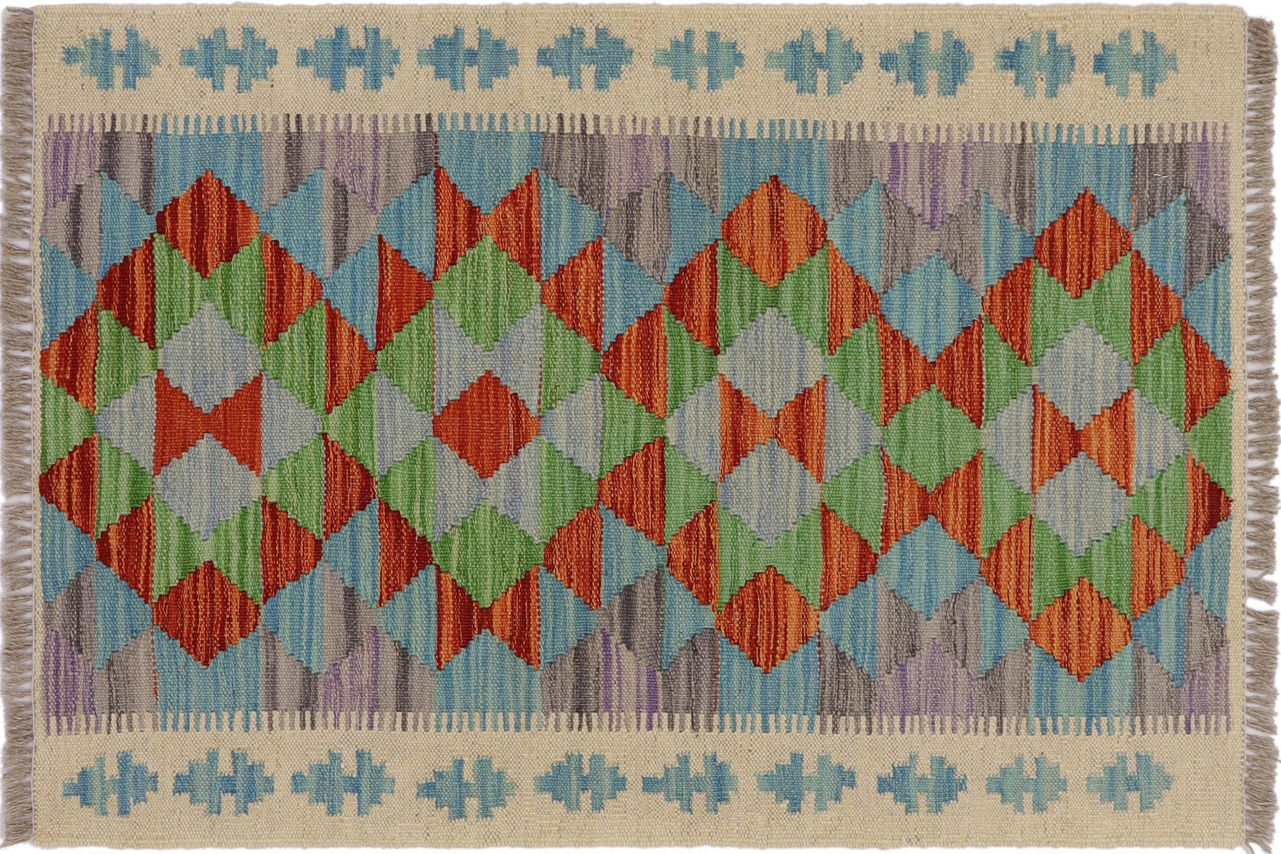 handmade Geometric Kilim Beige Blue Hand-Woven RECTANGLE 100% WOOL area rug 2' x 3'