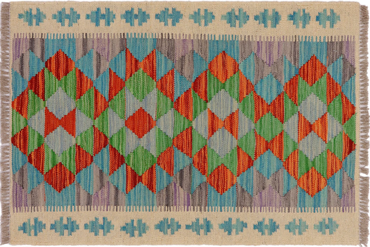 handmade Geometric Kilim Beige Blue Hand-Woven RECTANGLE 100% WOOL area rug 2' x 3'