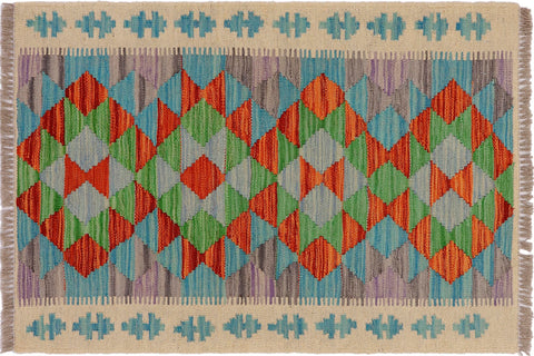 handmade Geometric Kilim Beige Blue Hand-Woven RECTANGLE 100% WOOL area rug 2' x 3'