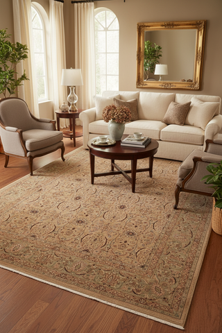 handmade Transitional Qaseem Bond Tan Lt. Green Hand Knotted RECTANGLE 100% WOOL area rug 9x12