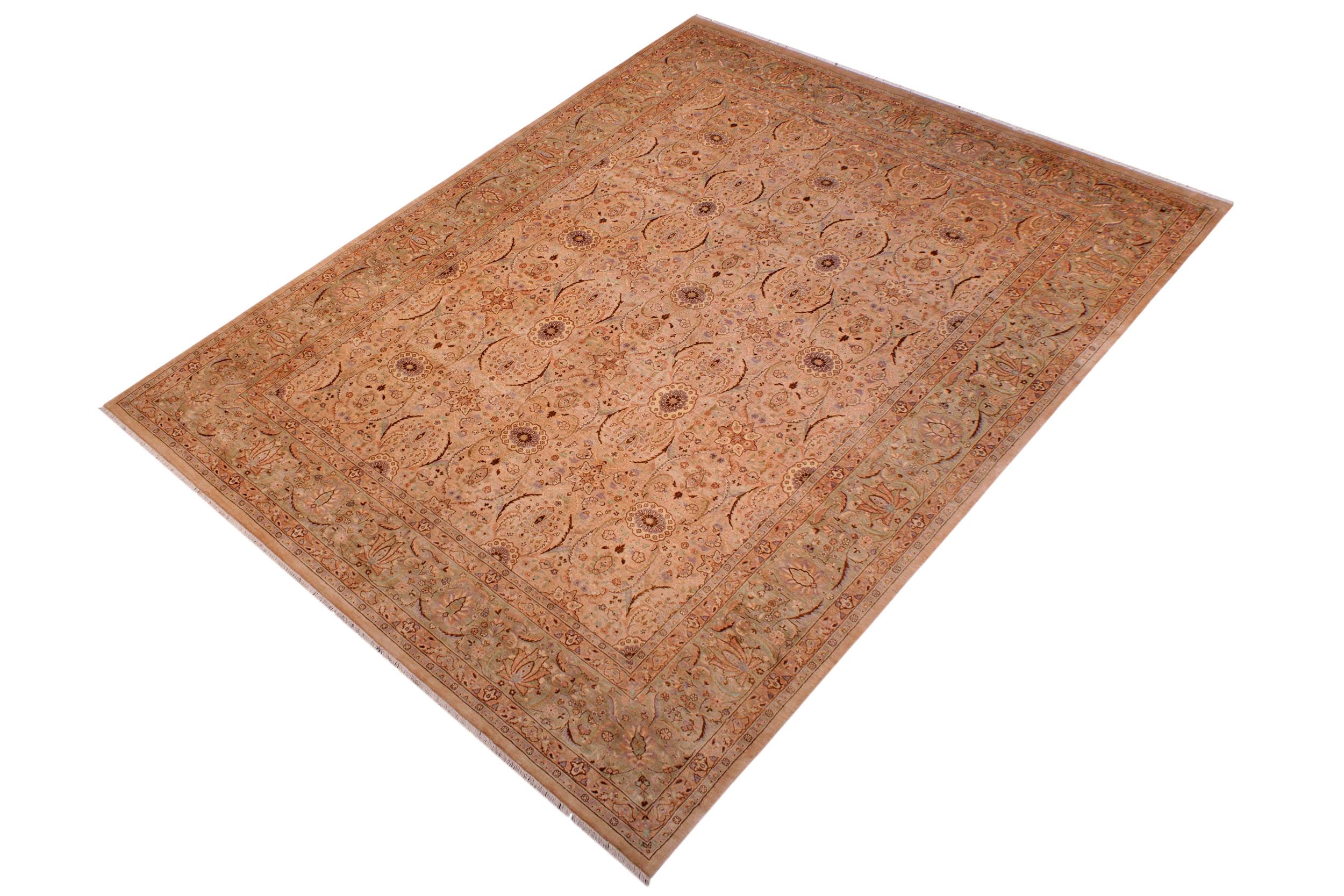 handmade Transitional Qaseem Bond Tan Lt. Green Hand Knotted RECTANGLE 100% WOOL area rug 9 x 12