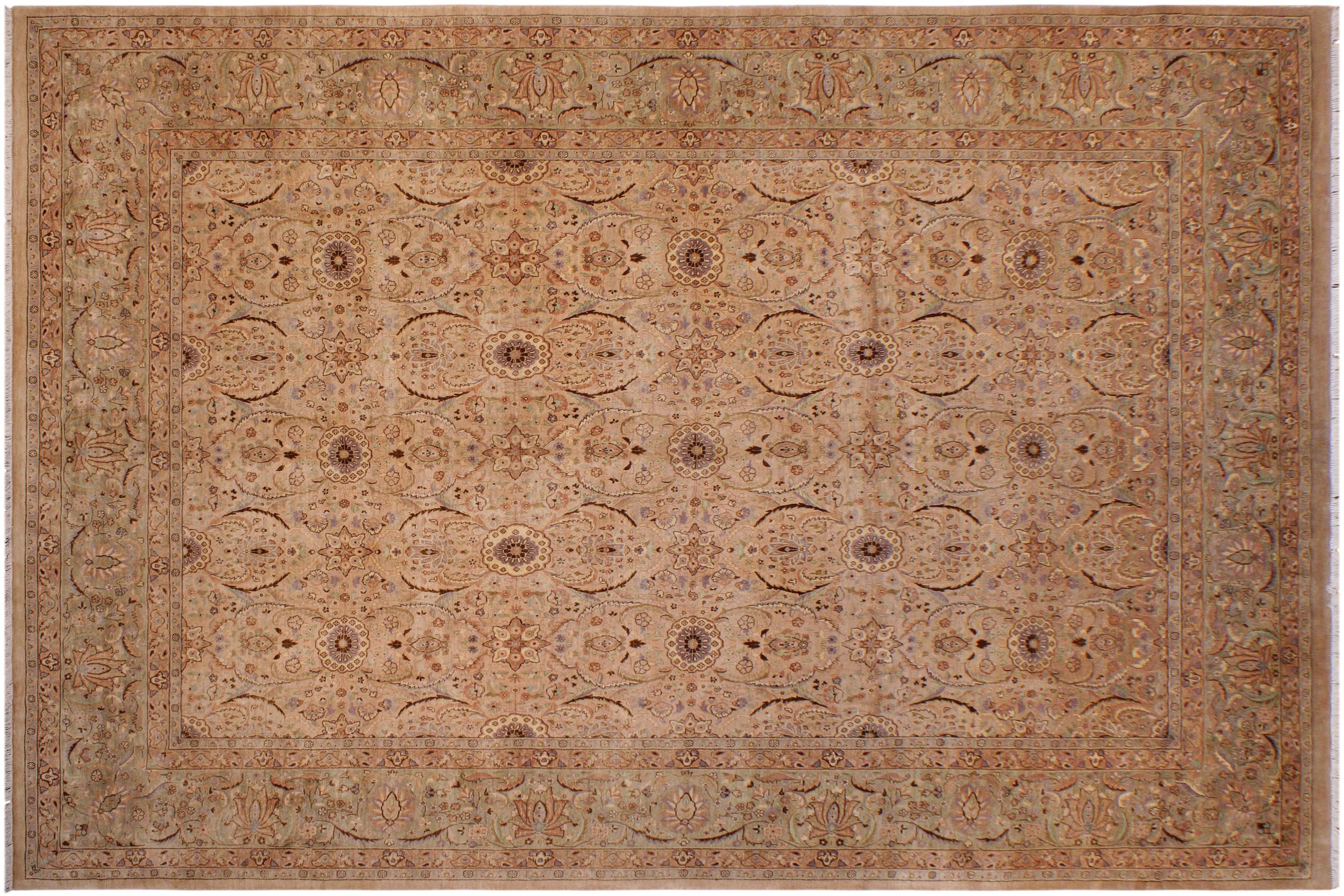 handmade Transitional Qaseem Bond Tan Lt. Green Hand Knotted RECTANGLE 100% WOOL area rug 9 x 12