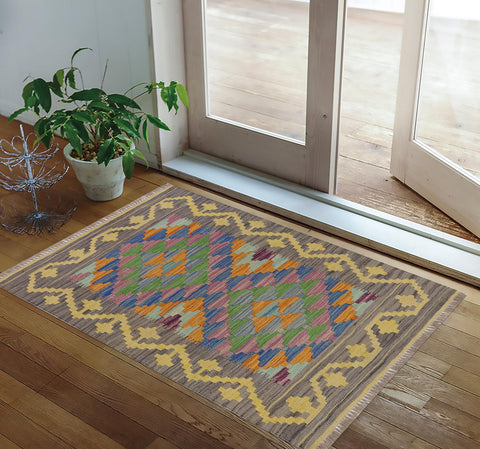 handmade Geometric Kilim Gray Gold Hand-Woven RECTANGLE 100% WOOL area rug 2' x 3'