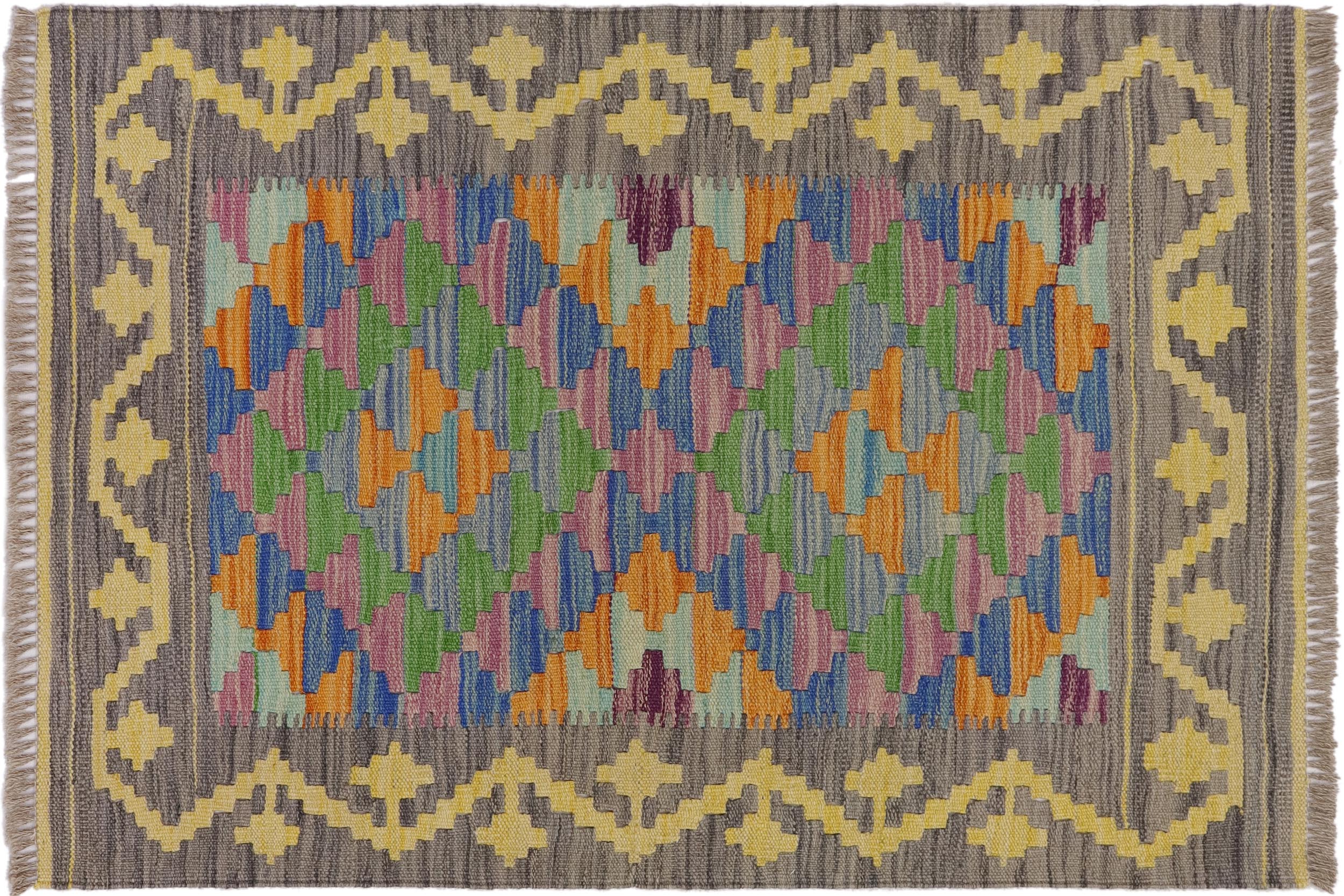 handmade Geometric Kilim Gray Gold Hand-Woven RECTANGLE 100% WOOL area rug 2' x 3'