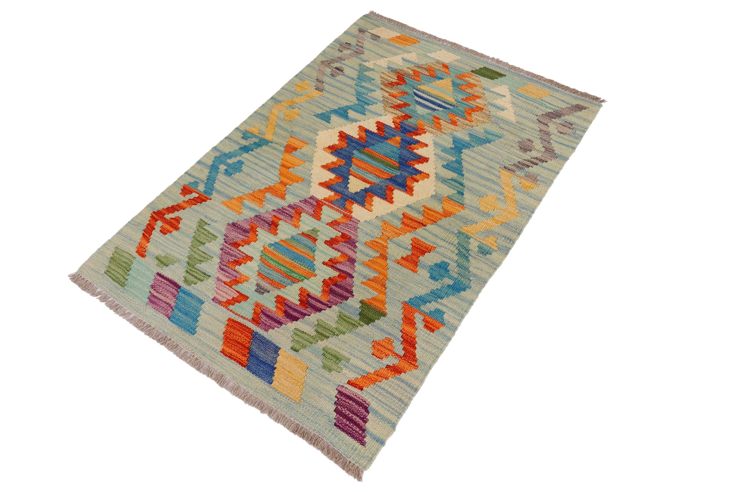 handmade Geometric Kilim Blue Beige Hand-Woven RECTANGLE 100% WOOL area rug 2' x 3'
