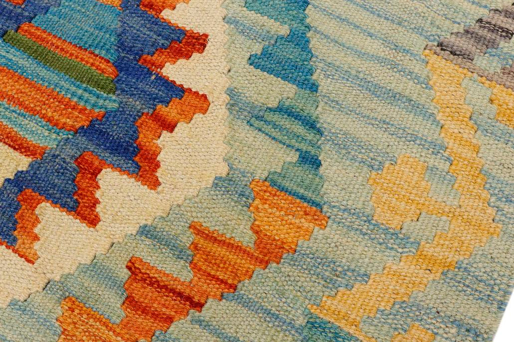 Flat Weave Kilim Antique Navaho Vintage handmade Geometric Kilim Blue Beige Hand-Woven Rectangle 100% Wool Area Rug 2x3 