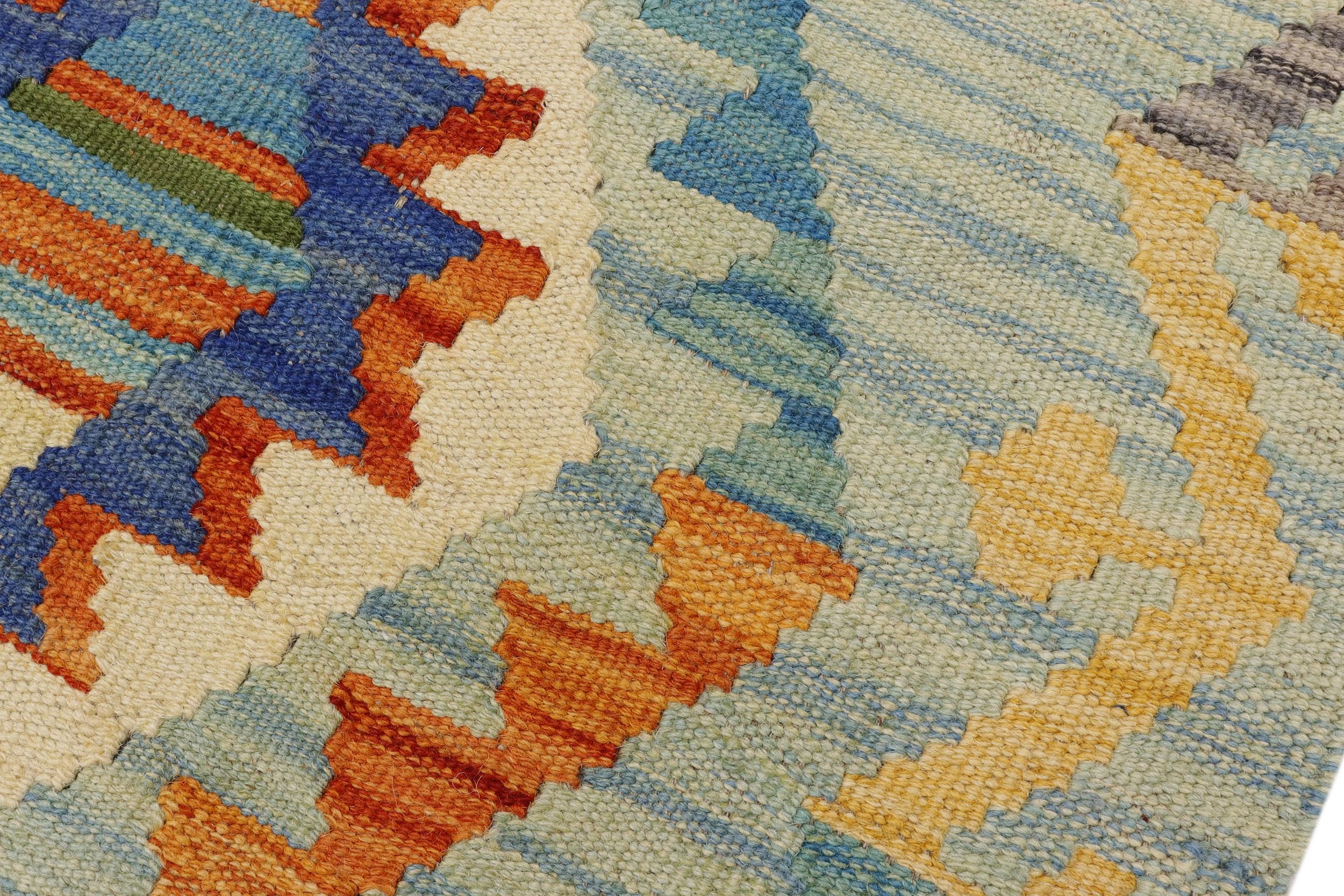 handmade Geometric Kilim Blue Beige Hand-Woven RECTANGLE 100% WOOL area rug 2' x 3'