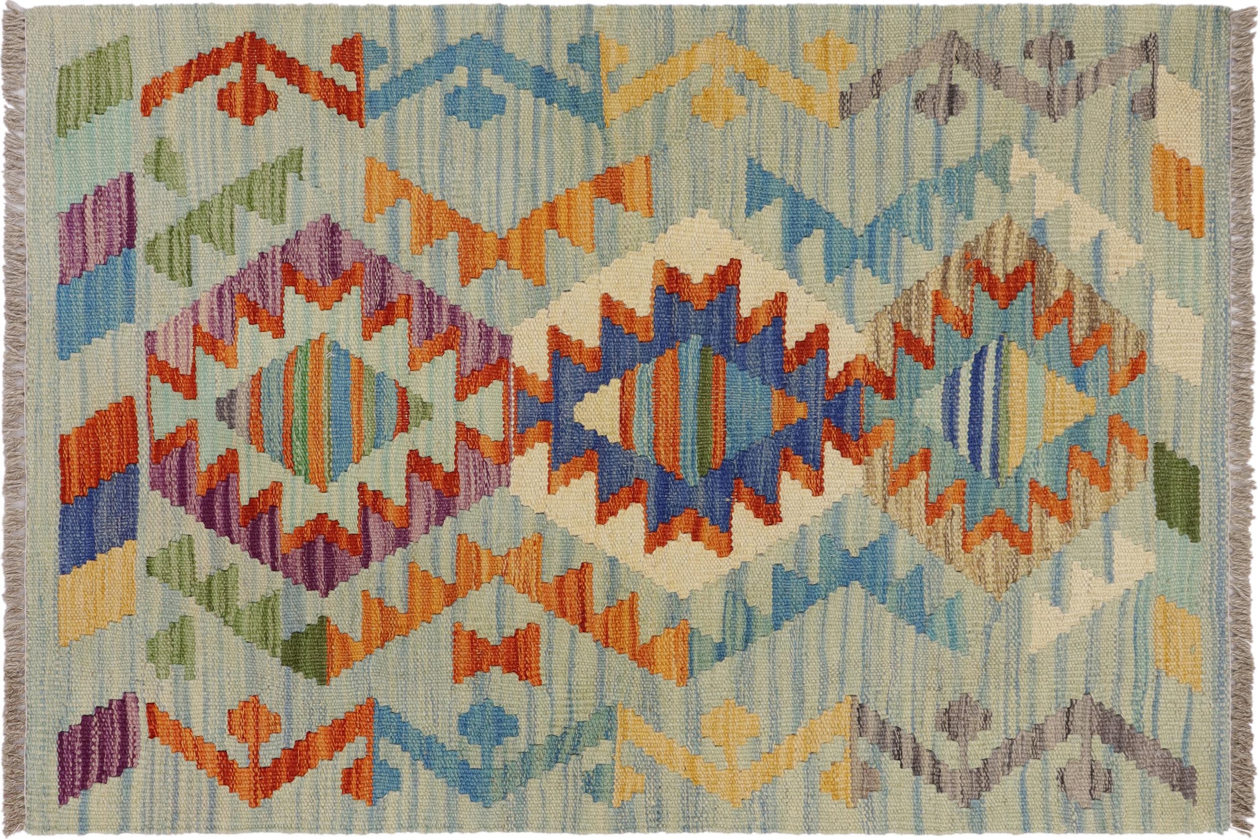 handmade Geometric Kilim Blue Beige Hand-Woven RECTANGLE 100% WOOL area rug 2' x 3'