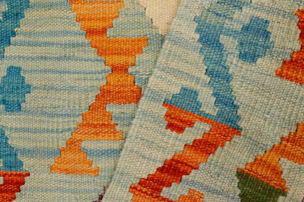 Flat Weave Kilim Antique Navaho Vintage handmade Geometric Kilim Blue Beige Hand-Woven Rectangle 100% Wool Area Rug 2x3 