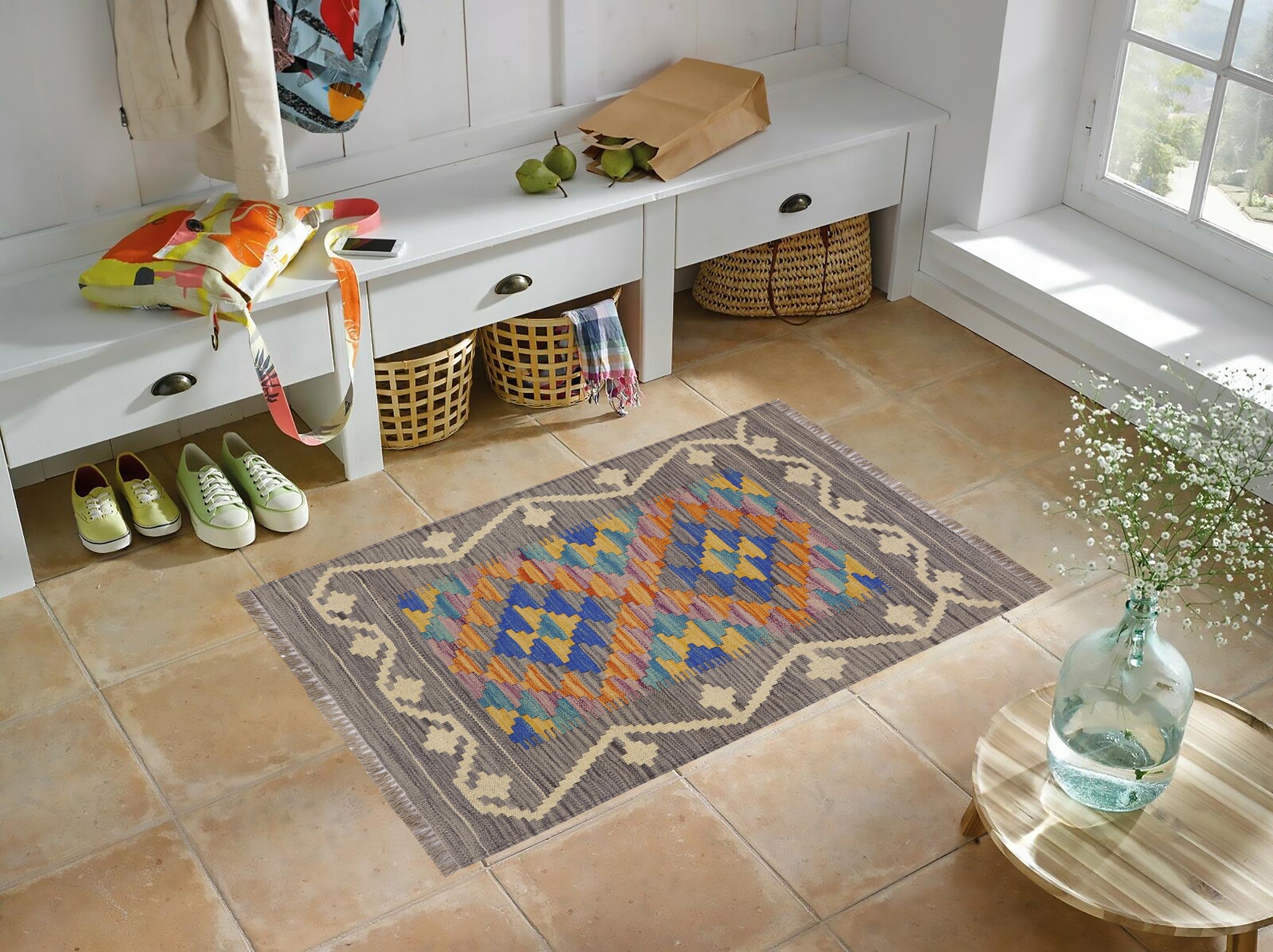 handmade Geometric Kilim Gray Beige Hand-Woven RECTANGLE 100% WOOL area rug 2' x 3'