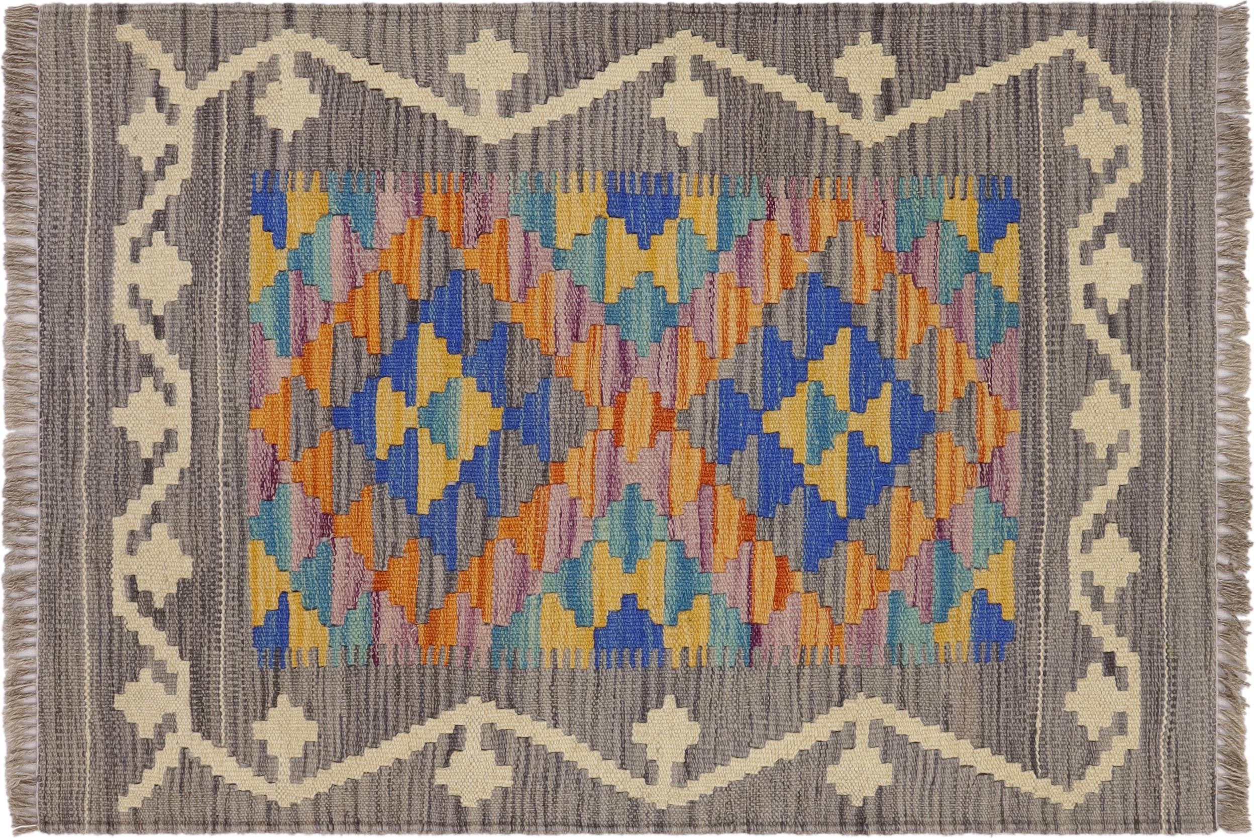 handmade Geometric Kilim Gray Beige Hand-Woven RECTANGLE 100% WOOL area rug 2' x 3'