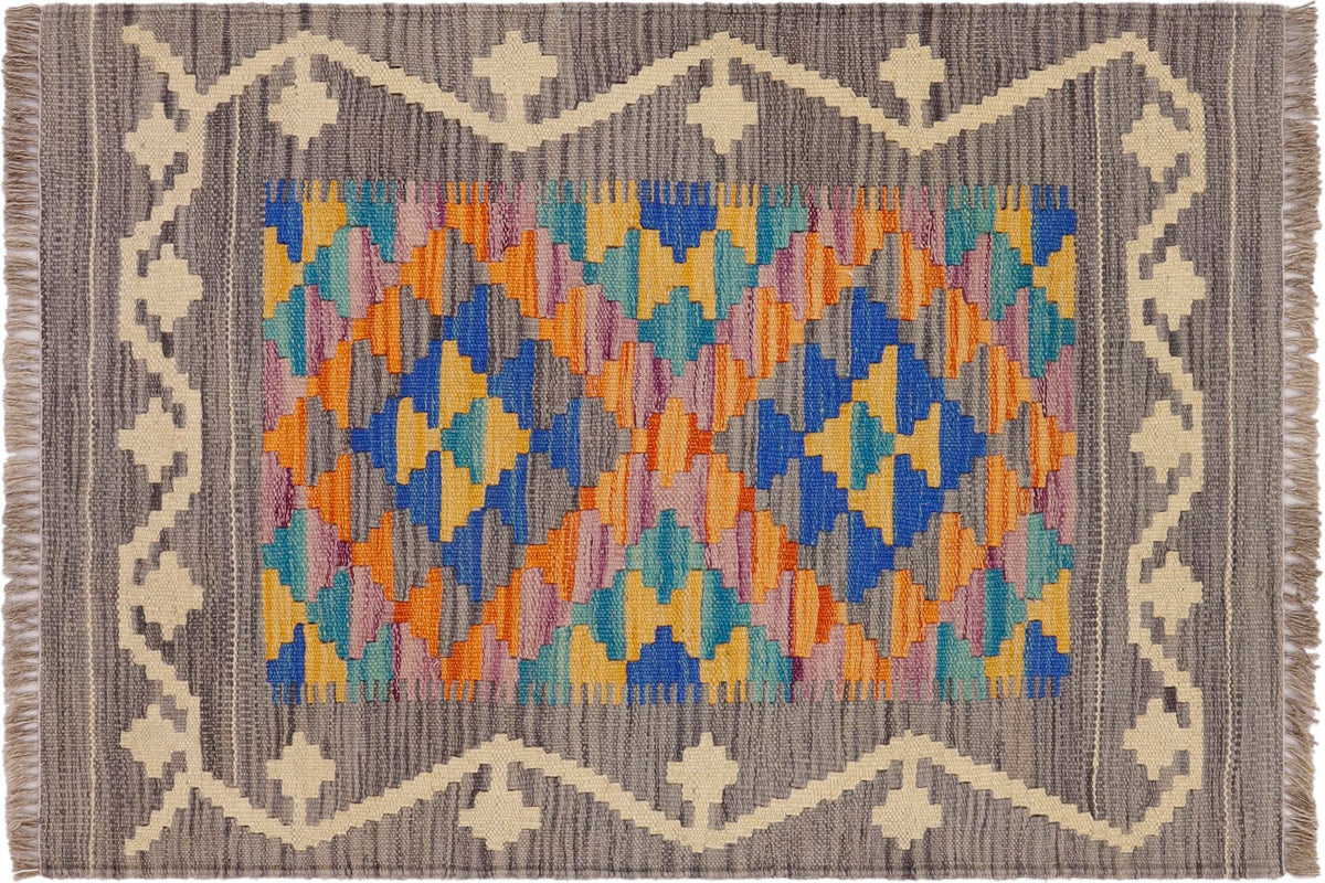 handmade Geometric Kilim Gray Beige Hand-Woven RECTANGLE 100% WOOL area rug 2' x 3'