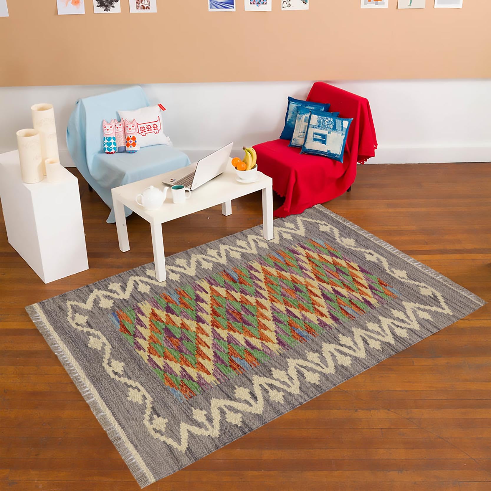 handmade Geometric Kilim Gray Beige Hand-Woven RECTANGLE 100% WOOL area rug 2' x 3'