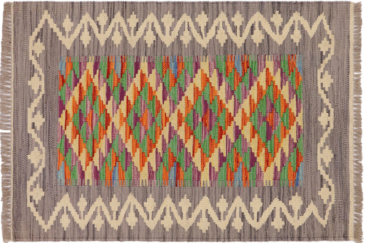 handmade Geometric Kilim Gray Beige Hand-Woven RECTANGLE 100% WOOL area rug 2' x 3'