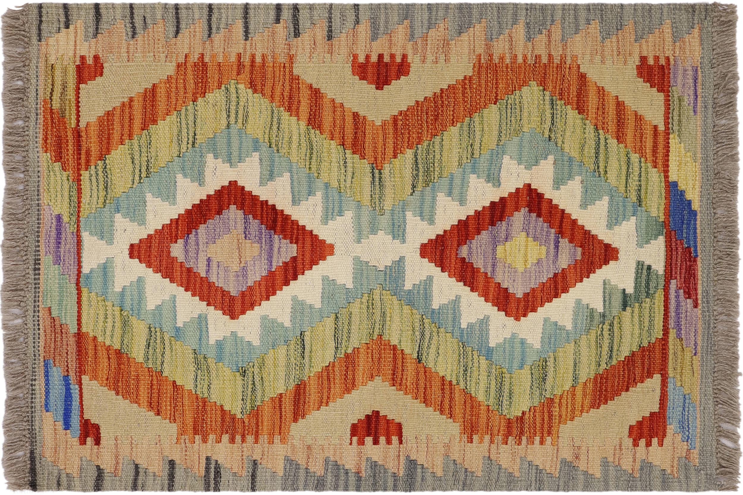 handmade Geometric Kilim Gray Rust Hand-Woven RECTANGLE 100% WOOL area rug 2' x 3'