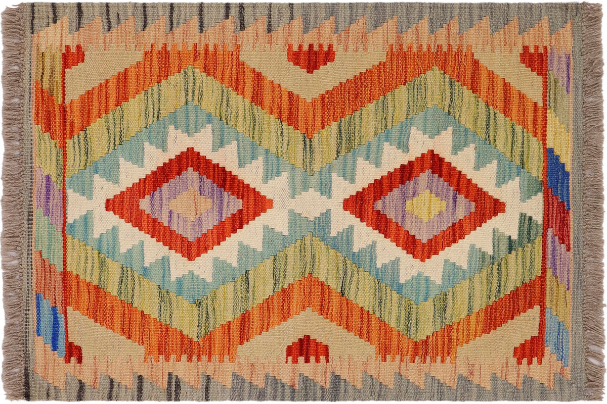 handmade Geometric Kilim Gray Rust Hand-Woven RECTANGLE 100% WOOL area rug 2' x 3'