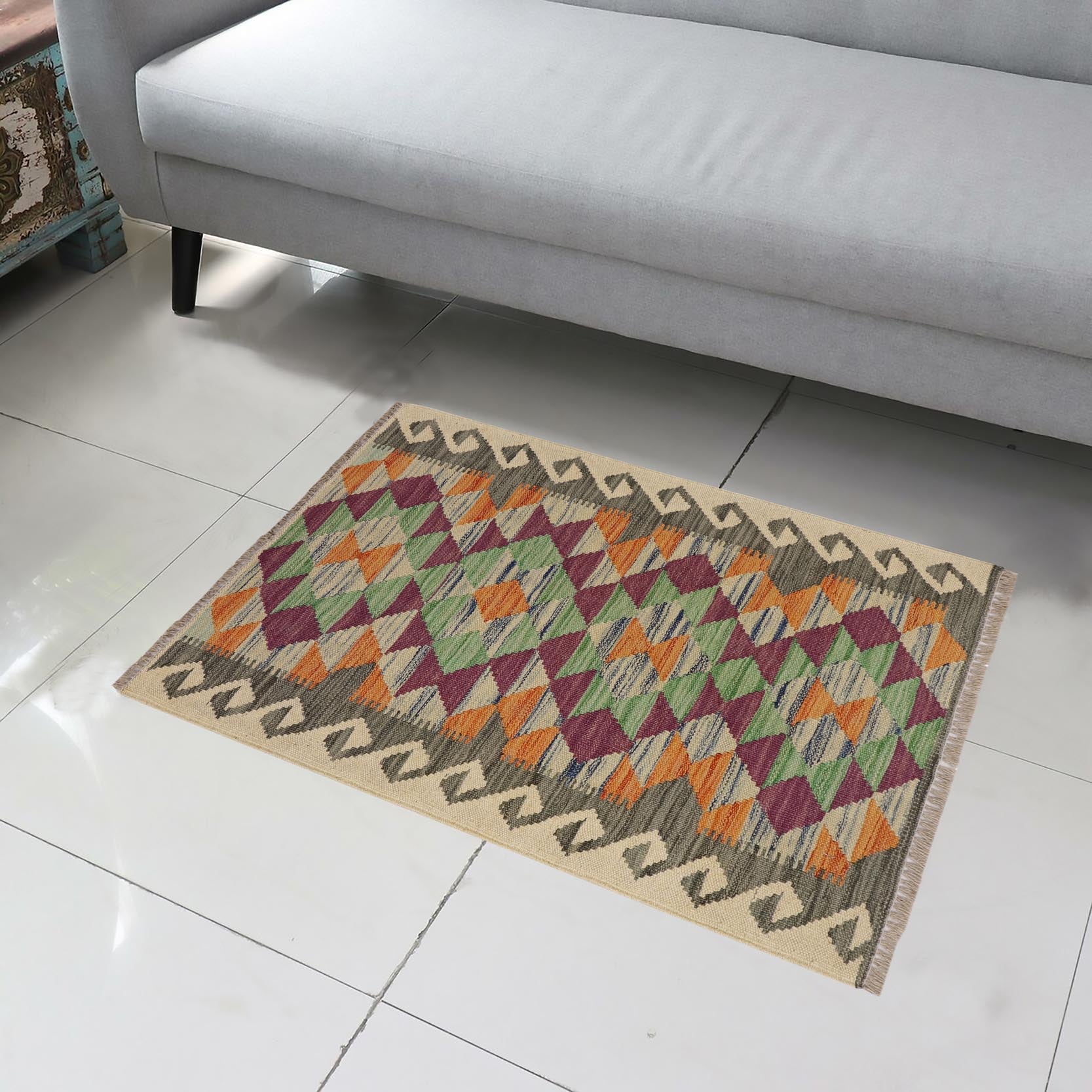 handmade Geometric Kilim Gray Beige Hand-Woven RECTANGLE 100% WOOL area rug 2' x 3'