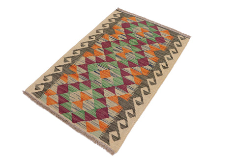 handmade Geometric Kilim Gray Beige Hand-Woven RECTANGLE 100% WOOL area rug 2' x 3'