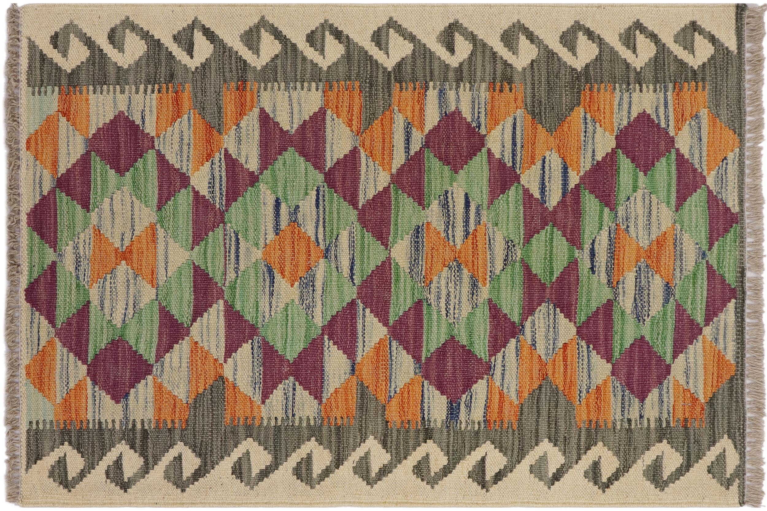 handmade Geometric Kilim Gray Beige Hand-Woven RECTANGLE 100% WOOL area rug 2' x 3'