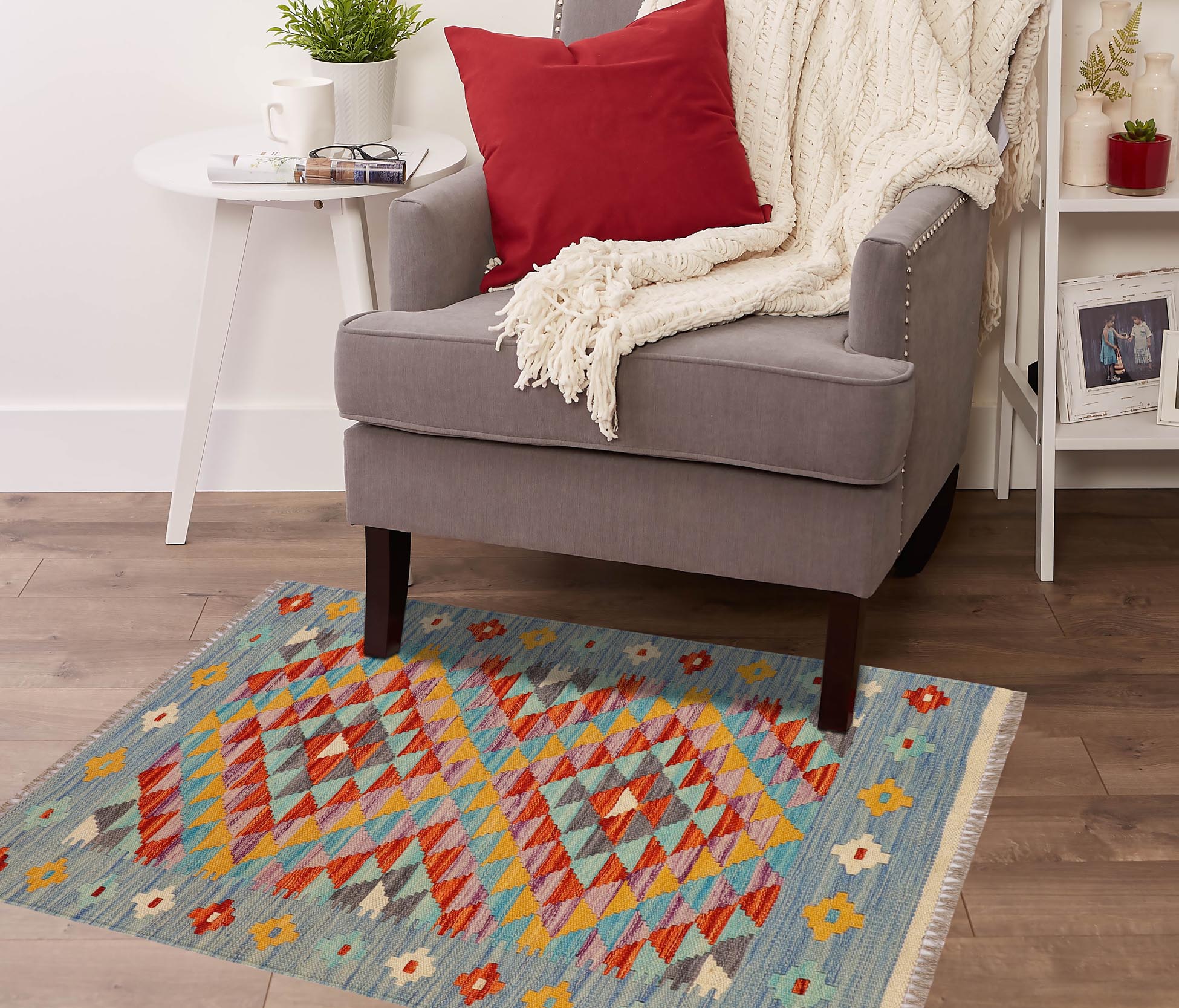 handmade Geometric Kilim Blue Rust Hand-Woven RECTANGLE 100% WOOL area rug 2' x 3'
